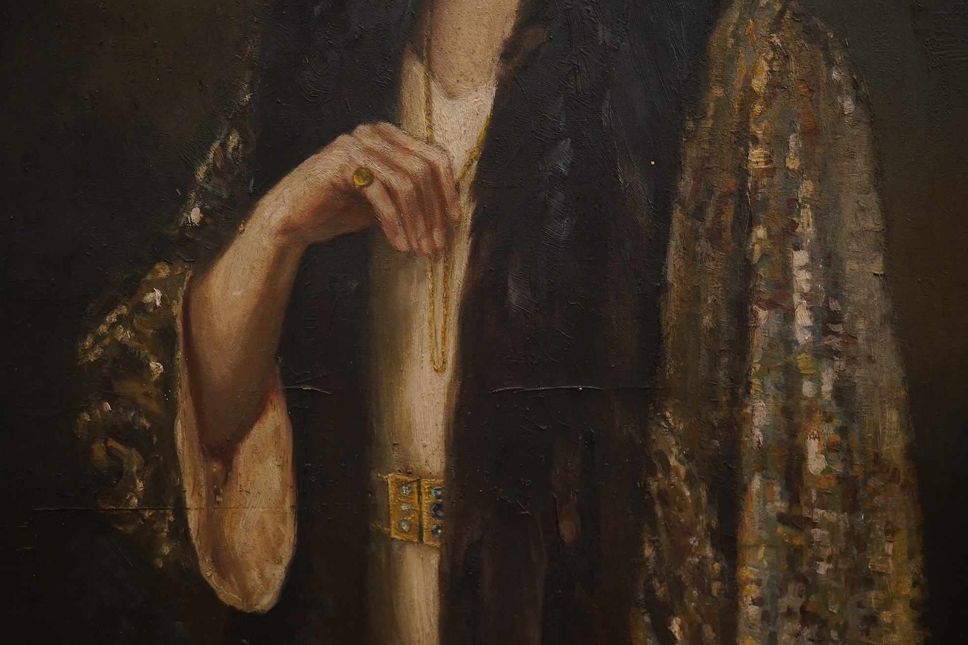 Art Deco, English School, Three-quarter length portrait of a society lady, oil on canvas, 91 x 71cm, unframed